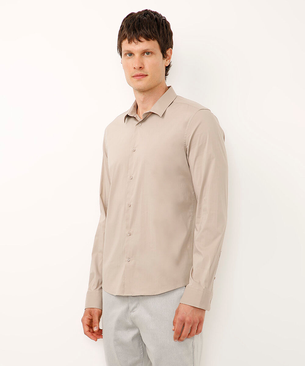 camisa slim fit de algodão manga longa bege