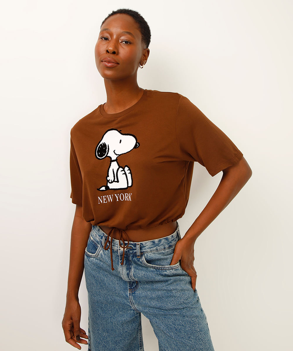 cropped de viscose com amarração snoopy marrom