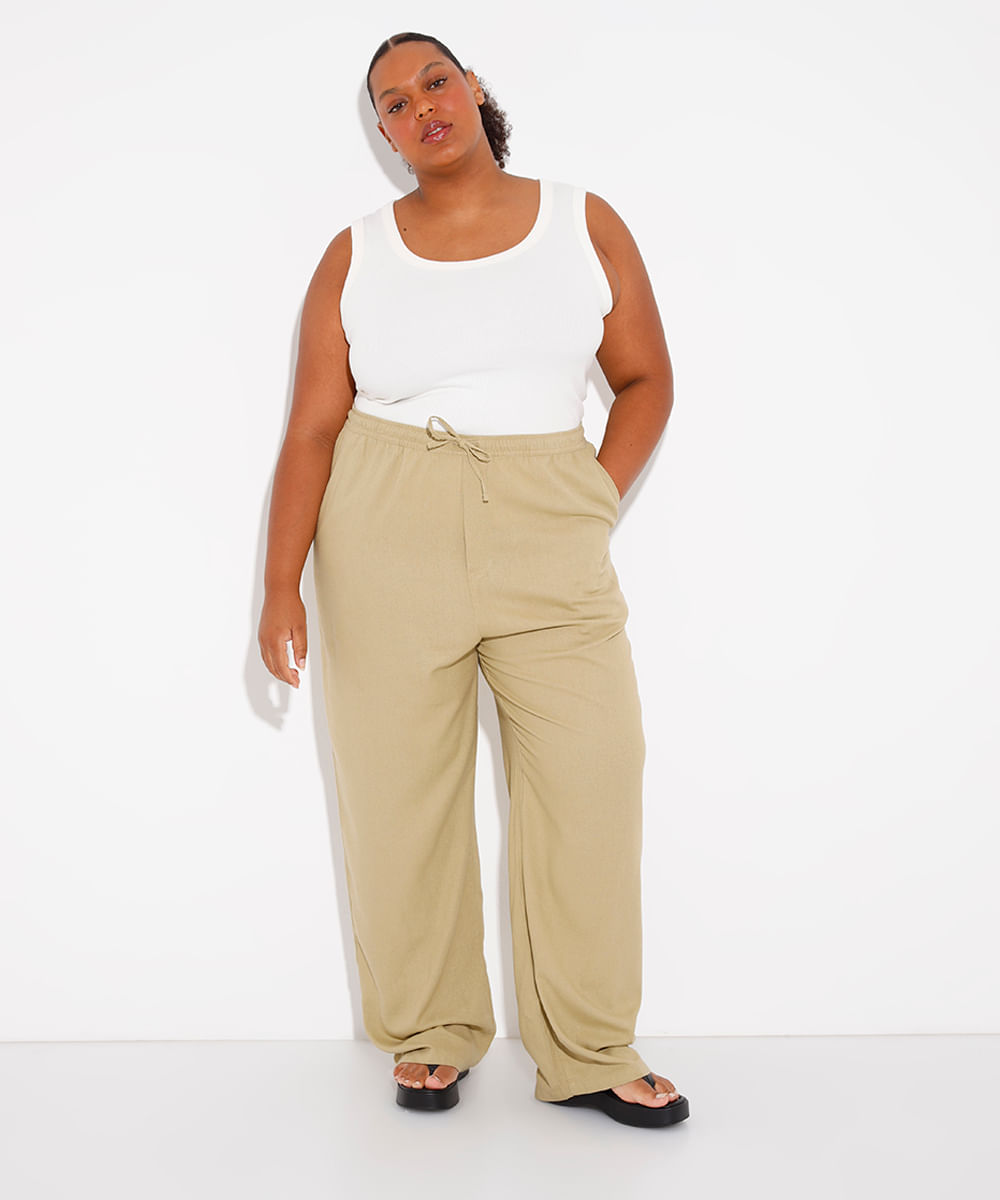 calça com linho plus size mindset verde