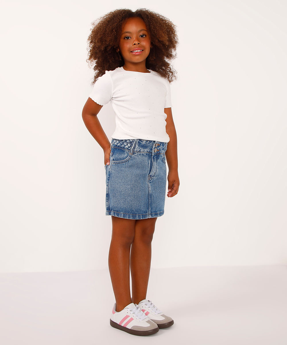 saia curta jeans infantil cós trançado azul