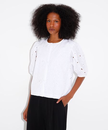 camisa de laise manga bufante floral mindset branca PP