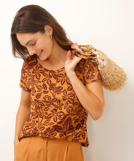 blusa de algodão floral manga curta marrom PP