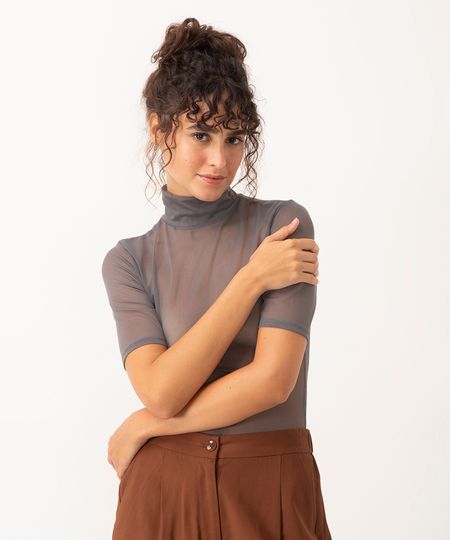 blusa de tule gola alta manga curta cinza PP