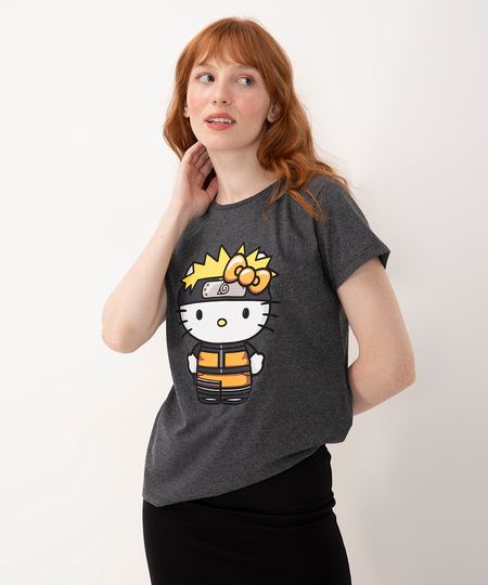 camiseta de algodão hello kitty naruto manga curta cinza mescla escuro PP