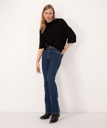 calça jeans flare cintura alta com bolsos sawary azul escuro 36