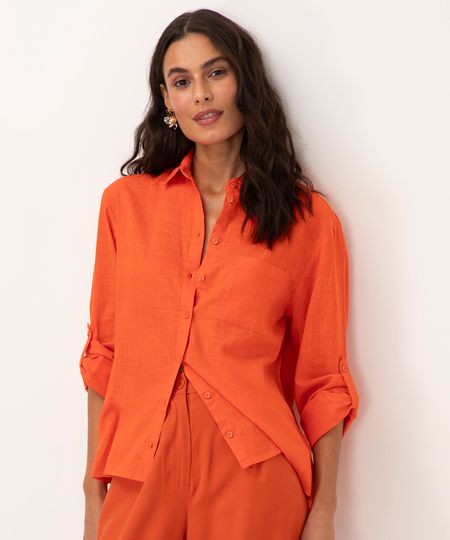 camisa alongada de algodão manga longa laranja PP
