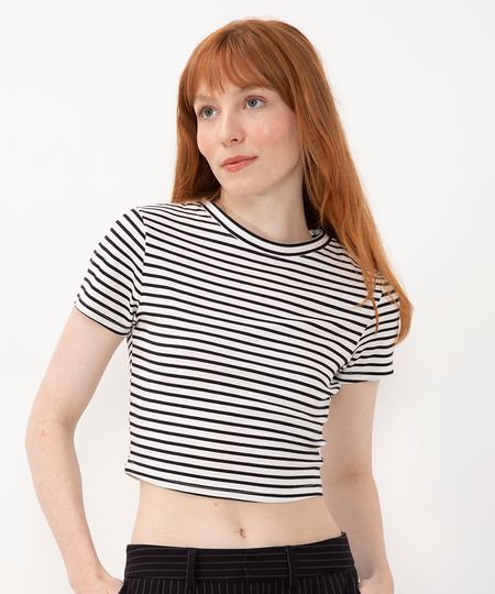 blusa de algodão listrada manga curta off white PP