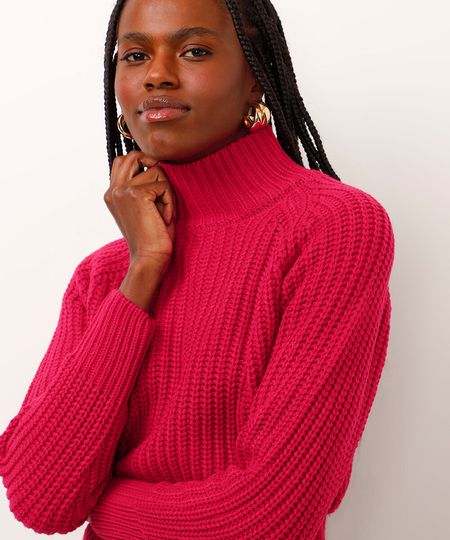 suéter de tricot gola alta manga bufante rosa M