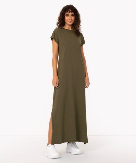 vestido de algodão longo com fenda verde militar PP