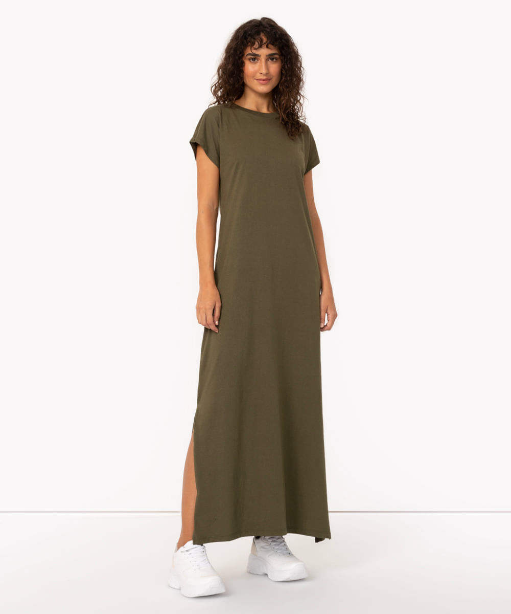 vestido de algodão longo com fenda verde militar