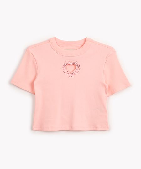 blusa de algodão juvenil canelada coração manga curta rosa 10