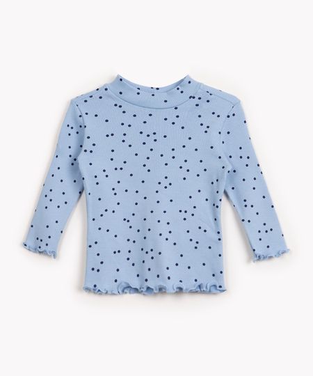 blusa de algodão infantil canelada poá manga longa azul 1