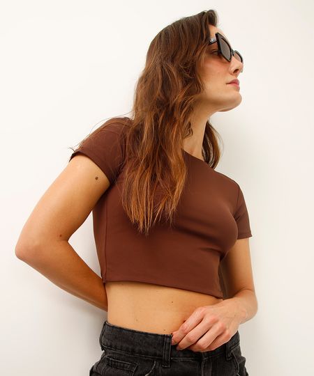 cropped de poliamida manga curta marrom PP cropped de poliamida manga curta marrom PP