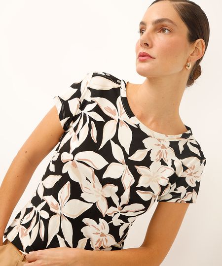 blusa de viscose floral com botões preta PP