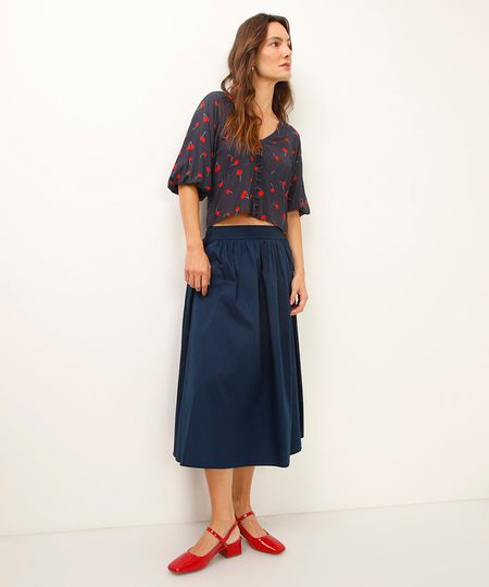 saia midi godê de algodão azul 42 saia midi godê de algodão azul 42