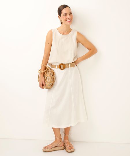saia midi com linho cintura alta - off white 36 saia midi com linho cintura alta - off white 36