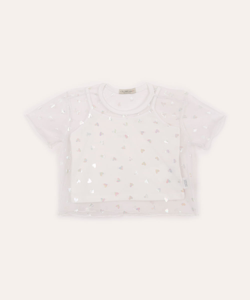 blusa de tule infantil coração holográfico off white