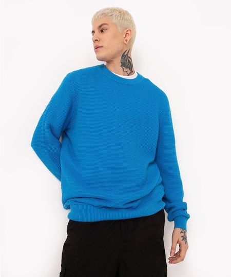suéter de tricot gola redonda azul PP