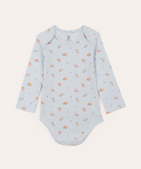 body infantil de algodão floral manga longa - azul claro 9-12
