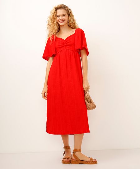 vestido midi de laise decote coração vermelho PP