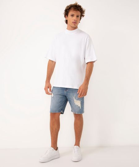 bermuda jeans destroyed azul médio 42