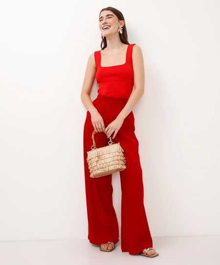 calça wide leg com linho e pregas vermelha 34
