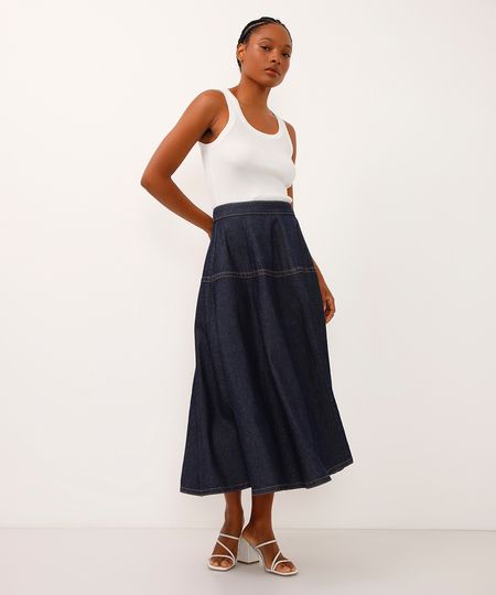 saia midi godê jeans cintura super alta azul 38 saia midi godê jeans cintura super alta azul 38