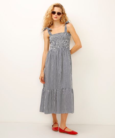 vestido midi lastex com laços listrado azul PP