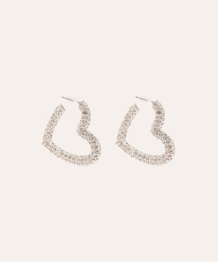 brinco coração com strass prateado UNICO