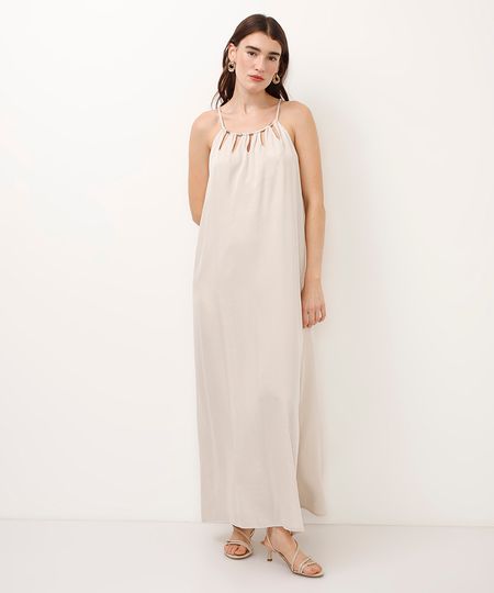 vestido longo com fenda bege M