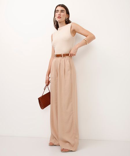 calça wide leg cintura alta com cinto bege 42