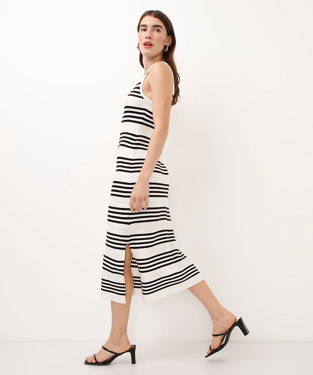 vestido midi de tricot com fendas listrado off white