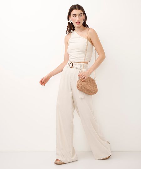 calça pantalona com linho e cinto bege 38 calça pantalona com linho e cinto bege 38