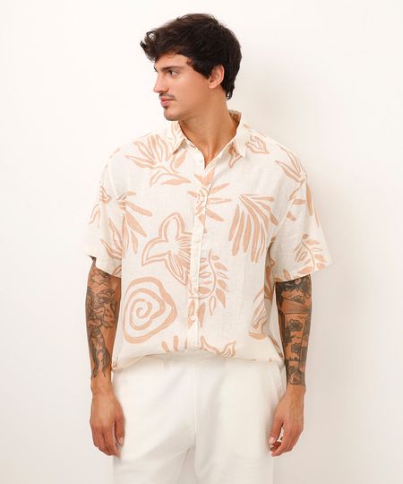camisa de linho manga curta solar bege P camisa de linho manga curta solar bege P