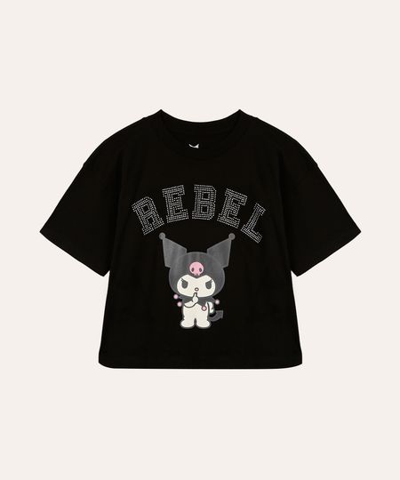 camiseta de algodão infantil kuromi com brilhos preta 10