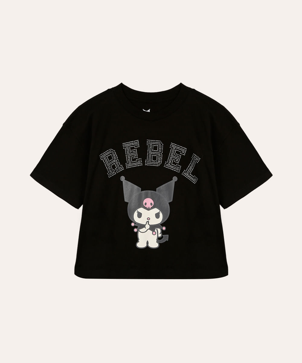 camiseta de algodão infantil kuromi com brilhos preta