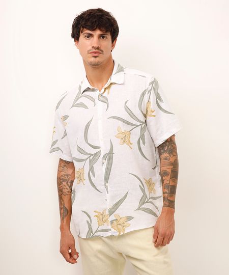 camisa comfort com linho floral off white M