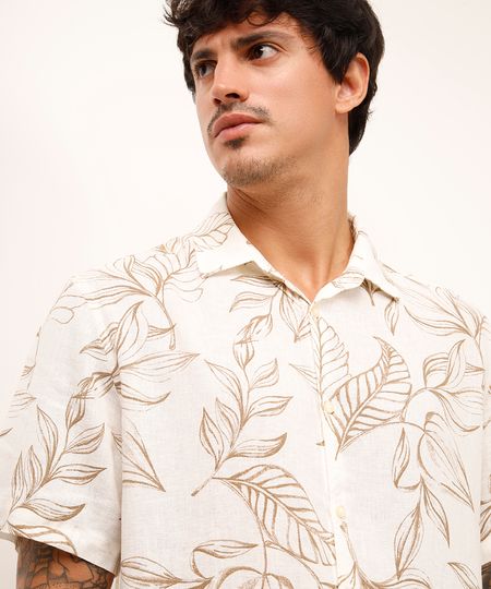 camisa comfort com linho folhagens off white P