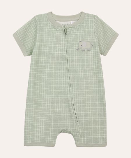 macacão curto infantil geométrico elefante bordado verde 12-18