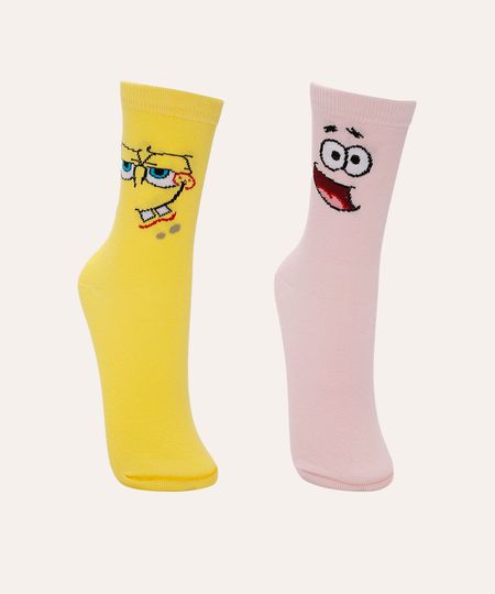 kit de 2 meias bob esponja e patrick com necessaire colorida 34-39