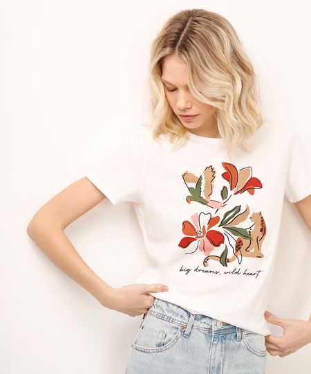 camiseta de algodão floral off white P camiseta de algodão floral off white P