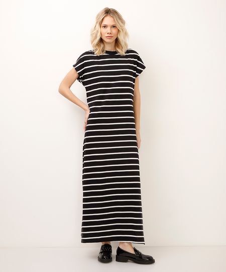 vestido longo de algodão listrado preto PP