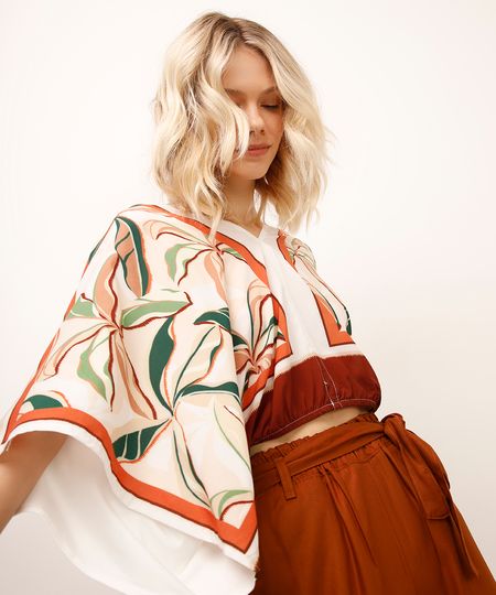 bata decote v floral off white PP bata decote v floral off white PP