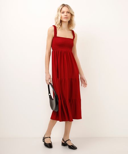 vestido midi texturizado com recortes alças médias vermelho P vestido midi texturizado com recortes alças médias vermelho P