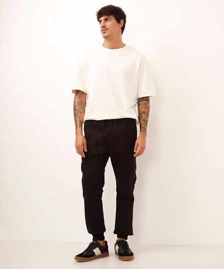 calça jogger cargo de sarja com cordão preta - preto 36 calça jogger cargo de sarja com cordão preta - preto 36