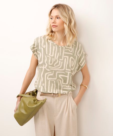 blusa de viscose manga curta geométrica verde P