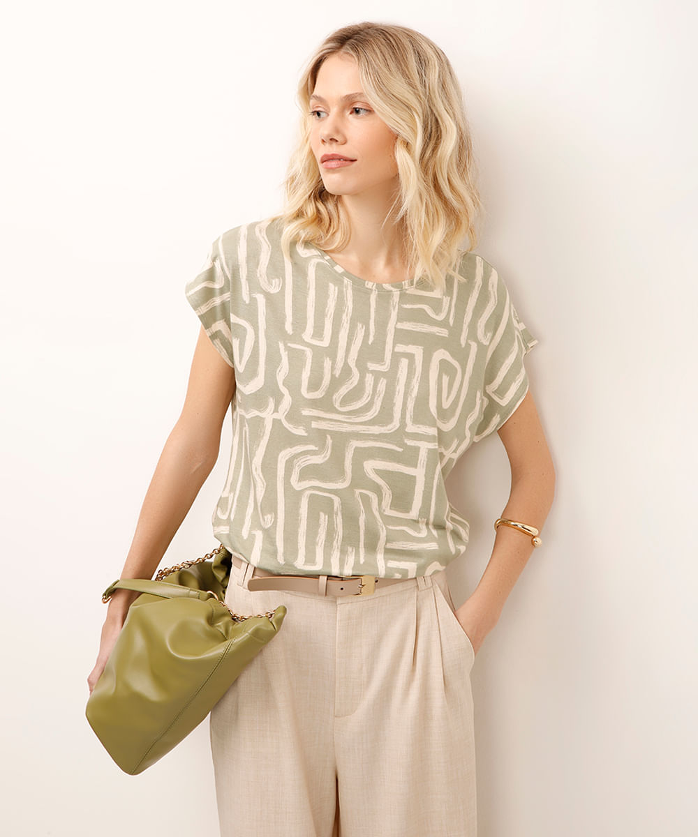 blusa de viscose manga curta geométrica verde