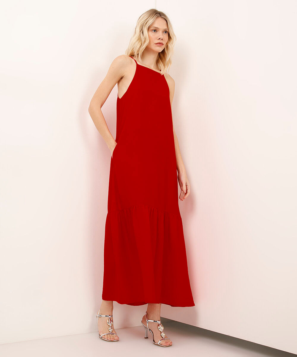 vestido midi de viscose halterneck vermelho