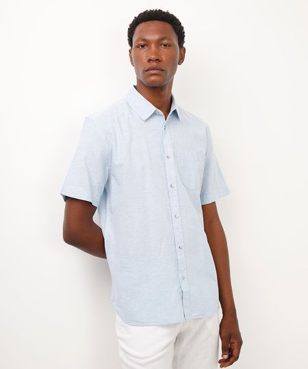 camisa comfort com linho manga curta - azul G camisa comfort com linho manga curta - azul G