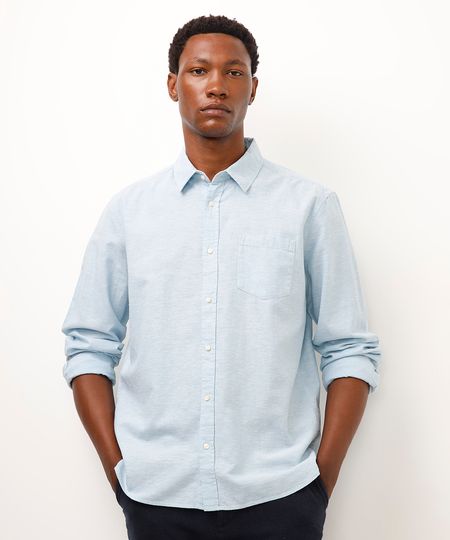 camisa comfort com linho manga longa azul P
